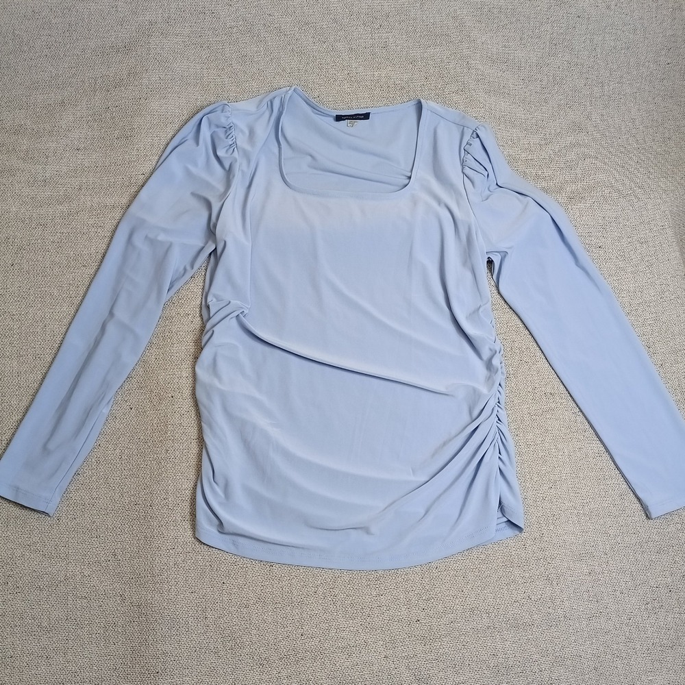 Tommy Hilfiger Ruched Top Womens XL Blue Excellent Square Neck Puff Sleeve